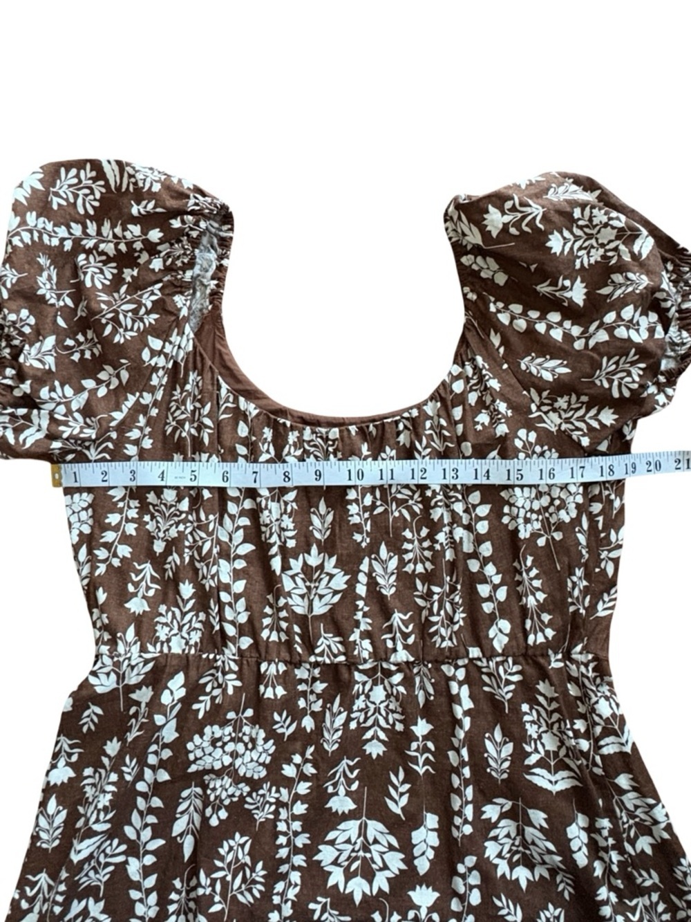 Reitmans Brown Floral Puff Sleeve Mini Dress Cottagecore Size L Linen Blend - Picture 10 of 14